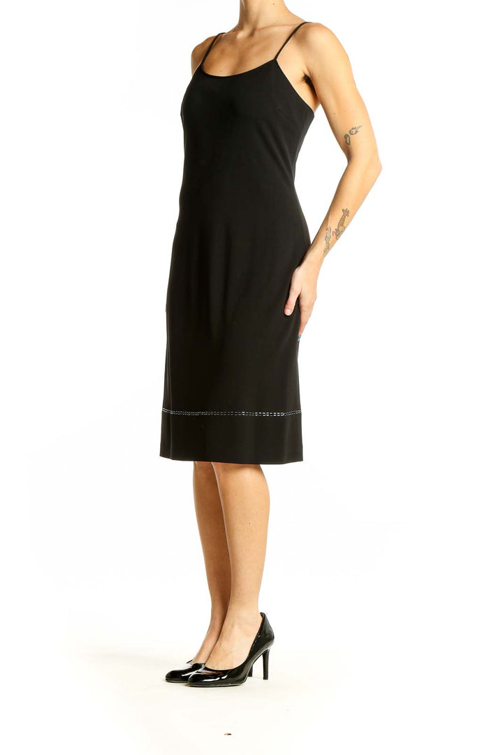 Front view of black Rimini spaghetti strap midi dress