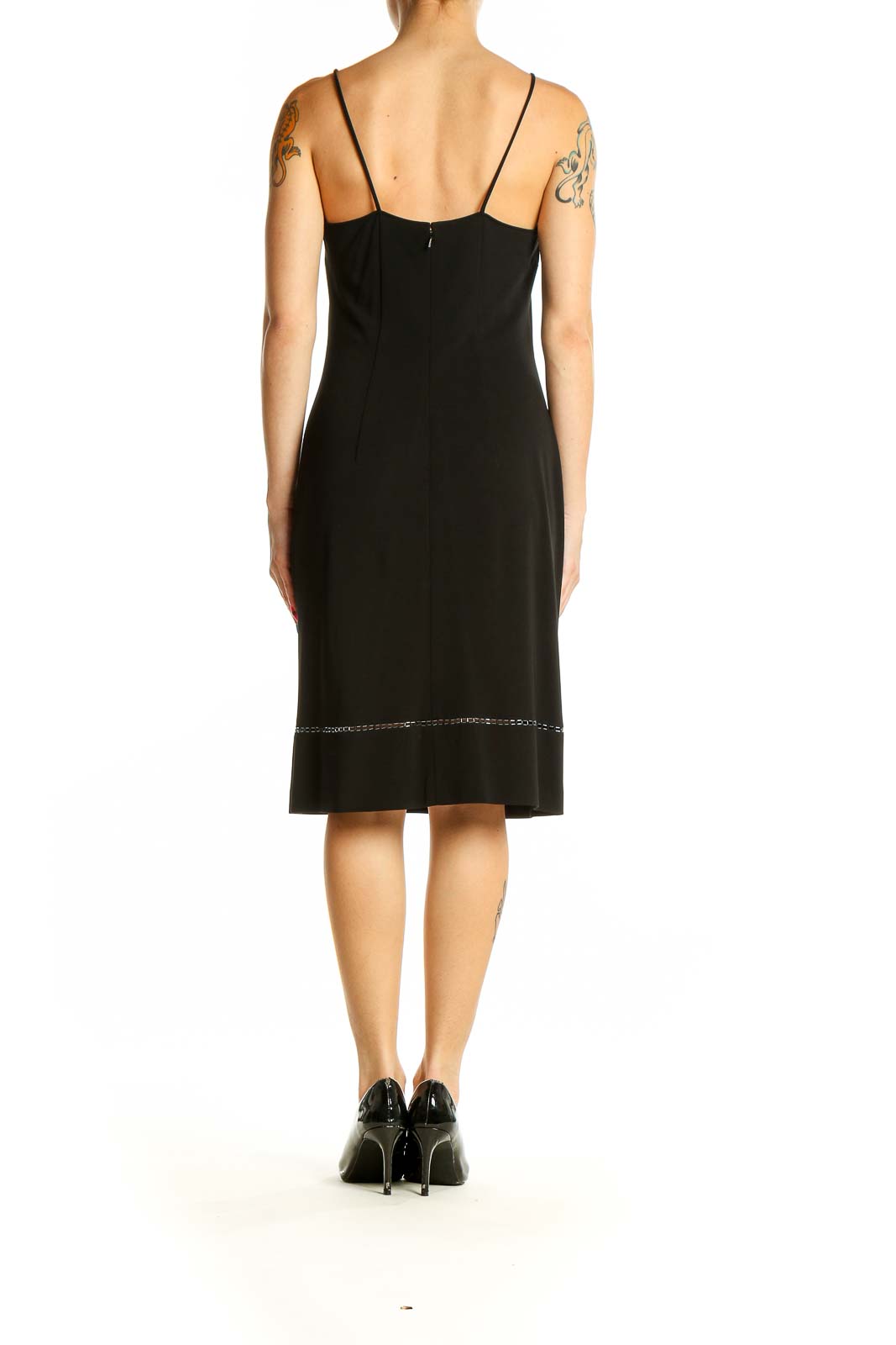 Back view of black Rimini spaghetti strap midi dress with subtle hem detail