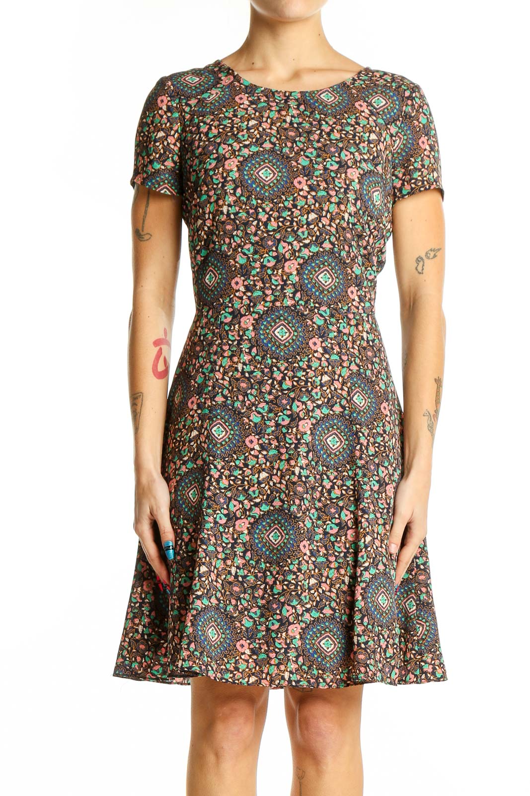 Front view of J.Crew multicolor floral print short sleeve dress