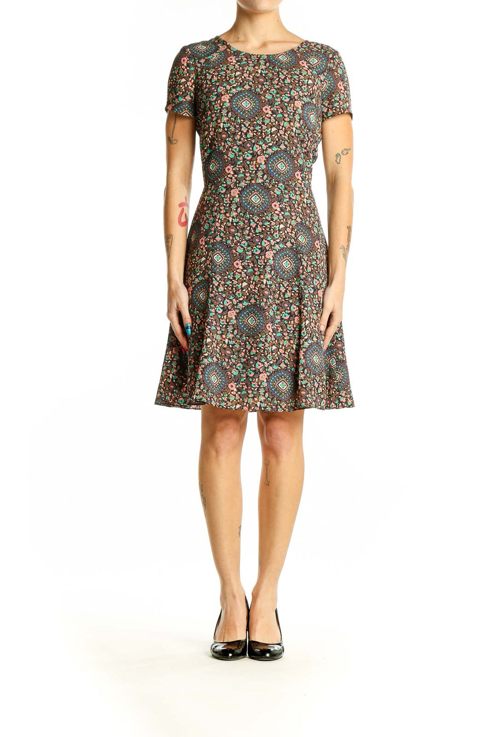 Front view of J.Crew multicolor floral print short sleeve dress