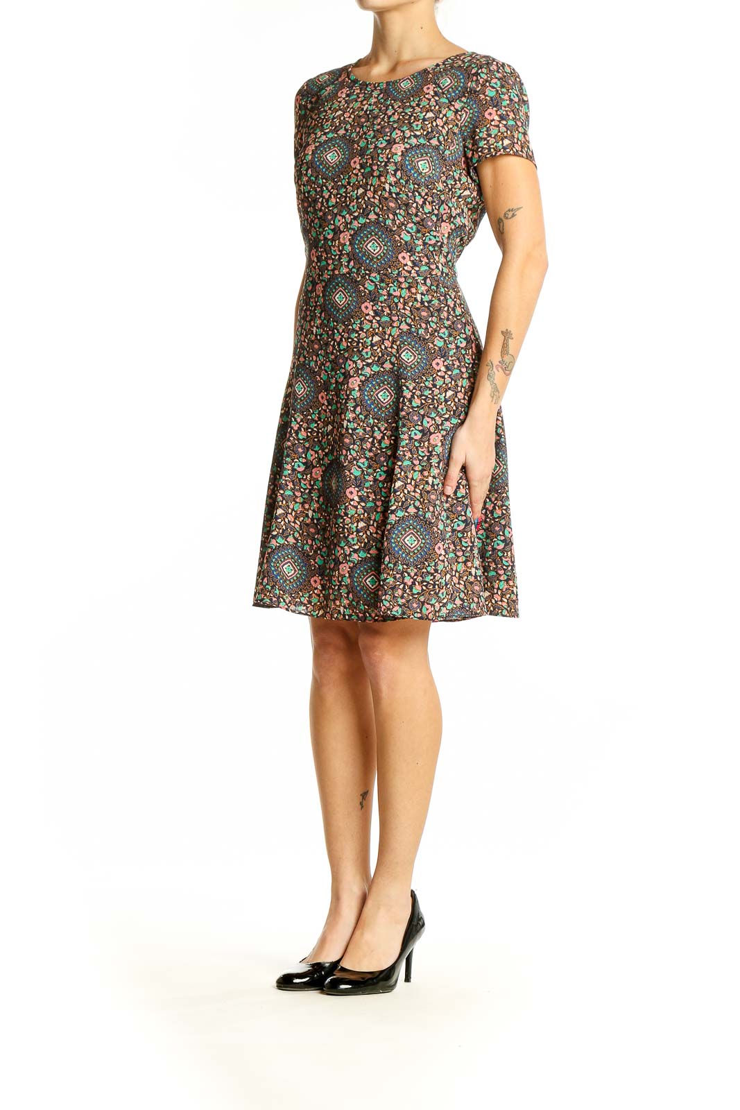 Front view of J.Crew multicolor floral print short sleeve dress