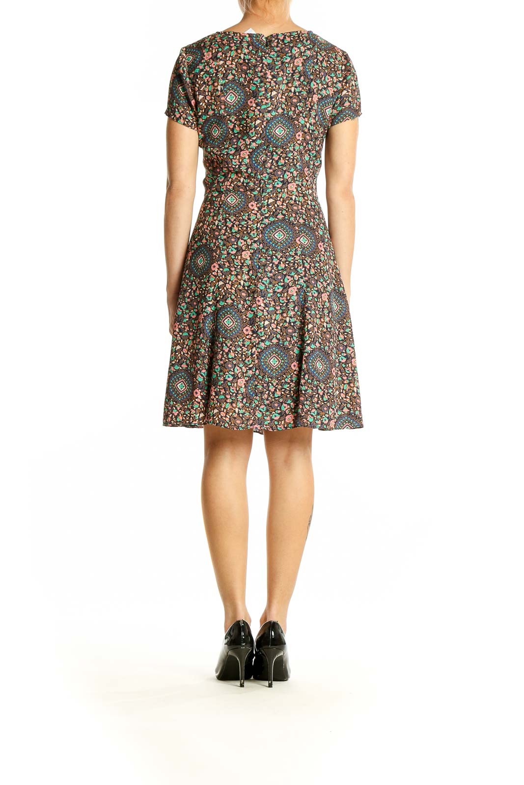 Side view of J.Crew multicolor floral print short sleeve dress