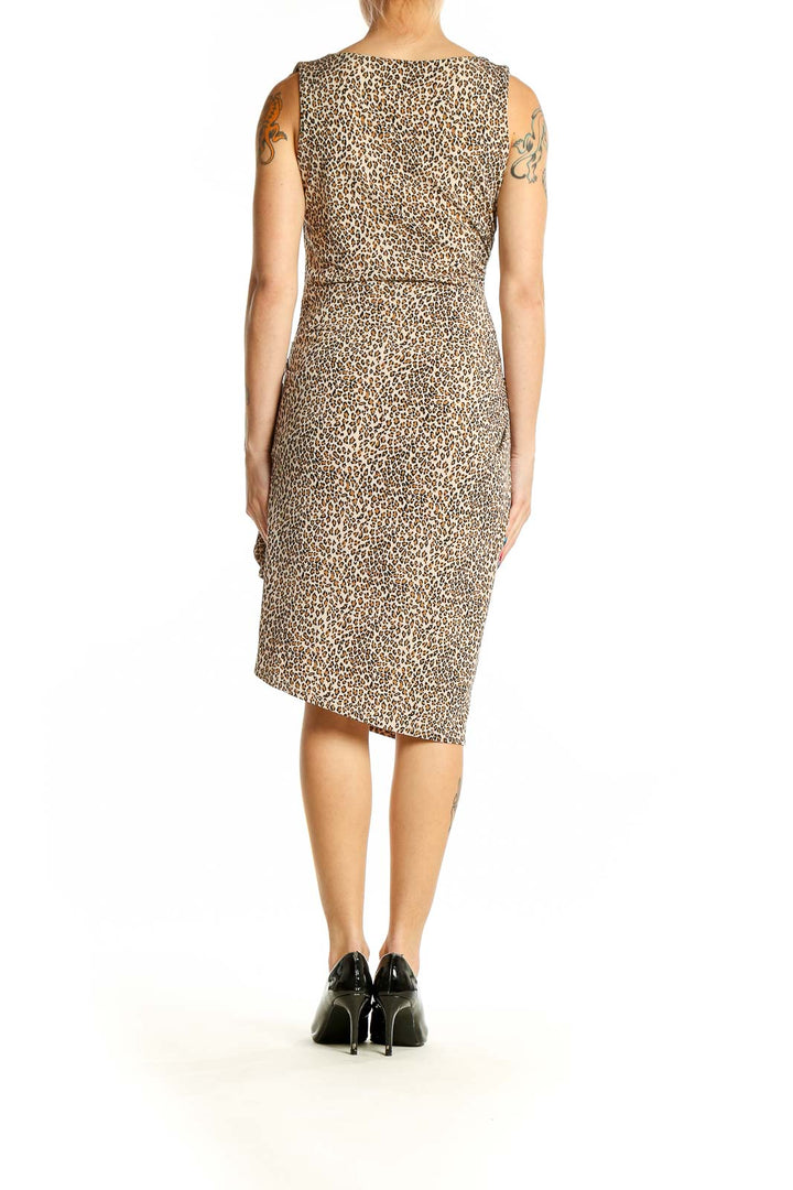 Side view of Betsey Johnson leopard print ruched sleeveless dress