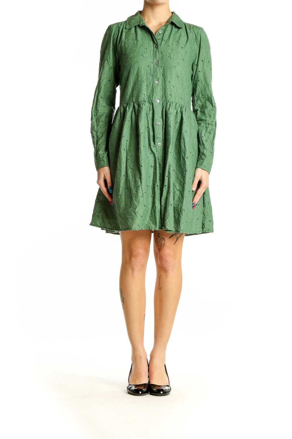 Front view of green cotton eyelet button-down dress from J.Crew