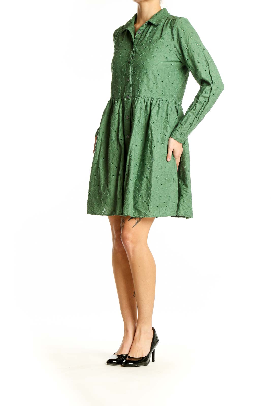 Front view of green cotton eyelet button-down dress from J.Crew