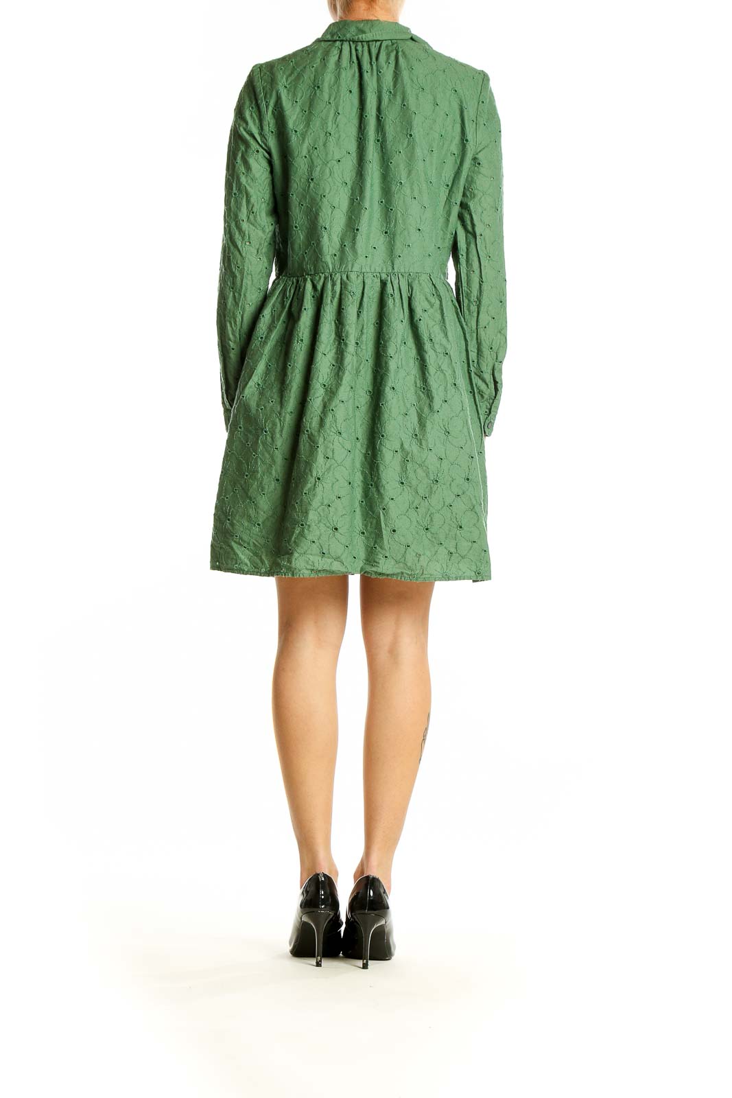 Back view of green cotton eyelet button-down dress from J.Crew