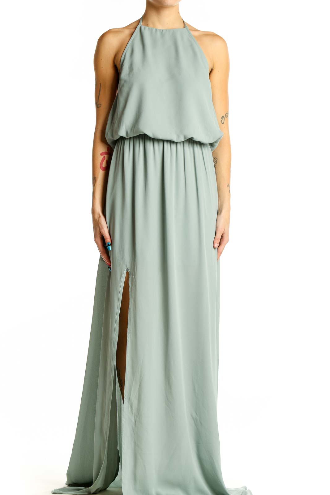 Front view of sage green Mumu halter neck maxi dress with blouson top