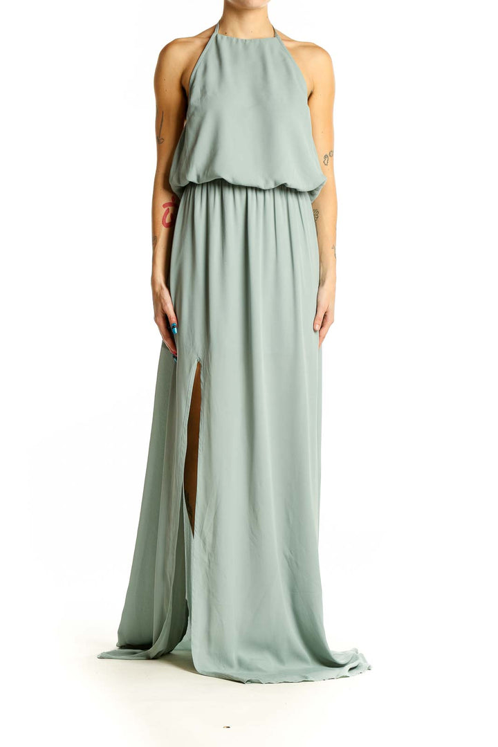 Front view of sage green Mumu halter neck maxi dress with blouson top