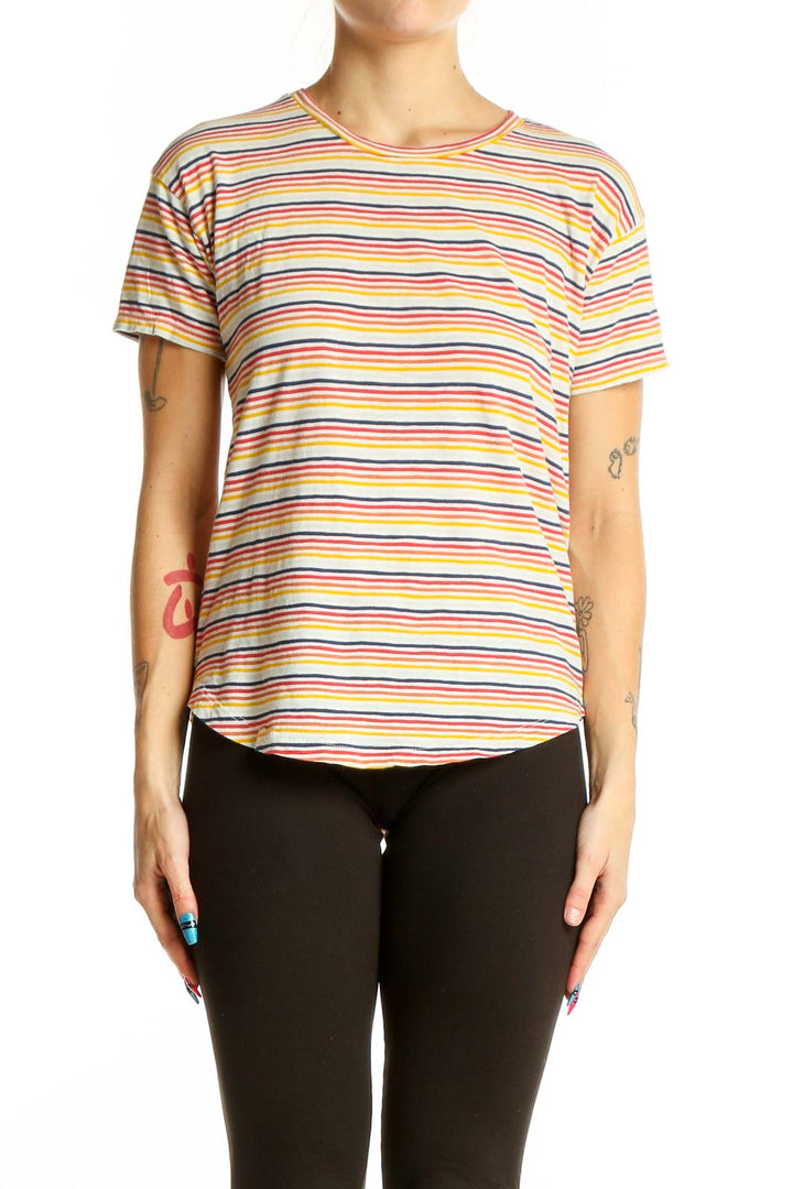 Front view of Madewell multicolor striped cotton t-shirt on model