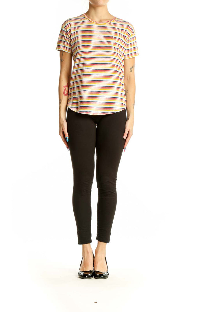 Front view of Madewell multicolor striped cotton t-shirt on model