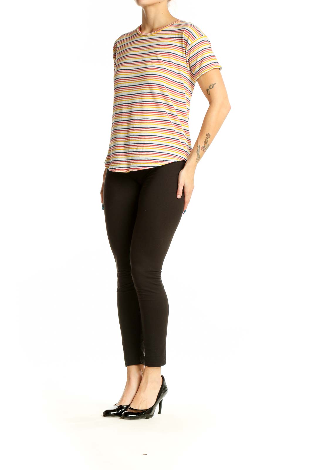 Front view of Madewell multicolor striped cotton t-shirt on model