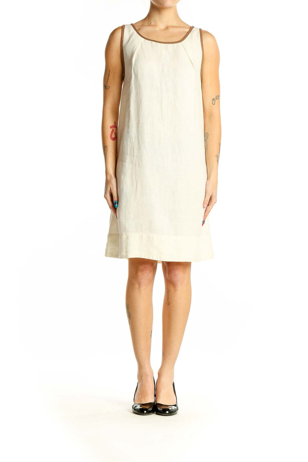 Front view of Rawganique.com cream hemp sleeveless summer dress