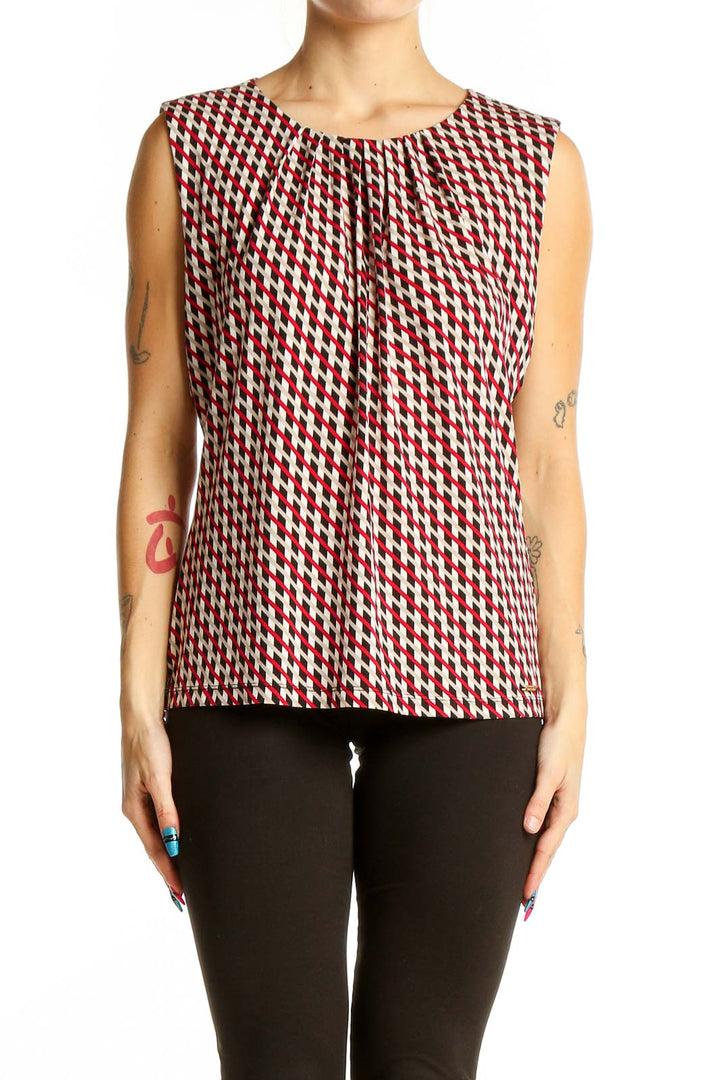 Front view of Calvin Klein red geometric print sleeveless top