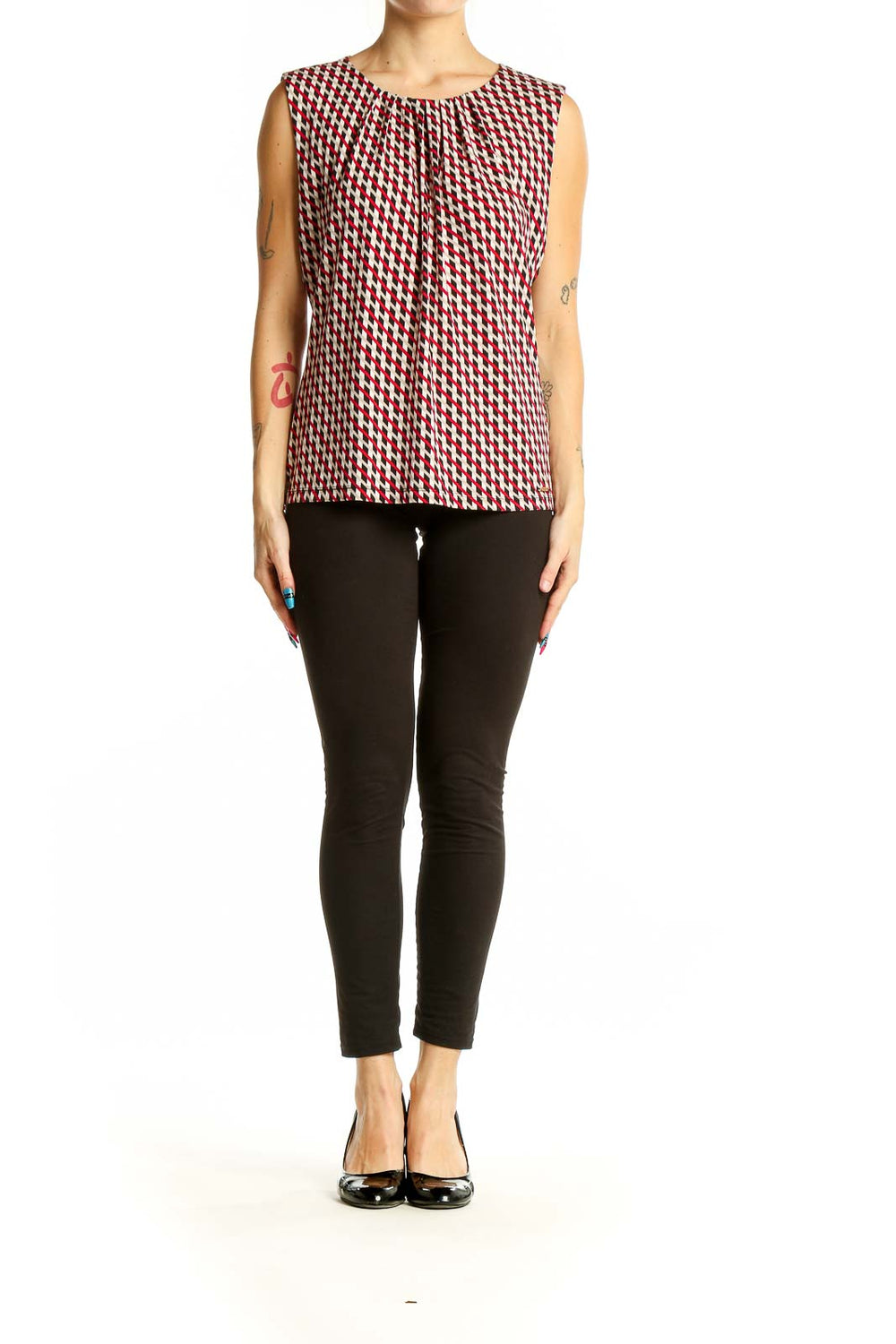 Front view of Calvin Klein red geometric print sleeveless top