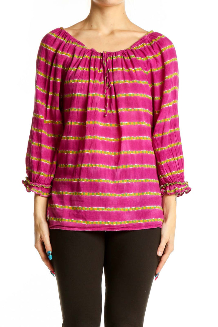 Front view of pink and yellow striped off-shoulder peasant top by Lauren Ralph Lauren