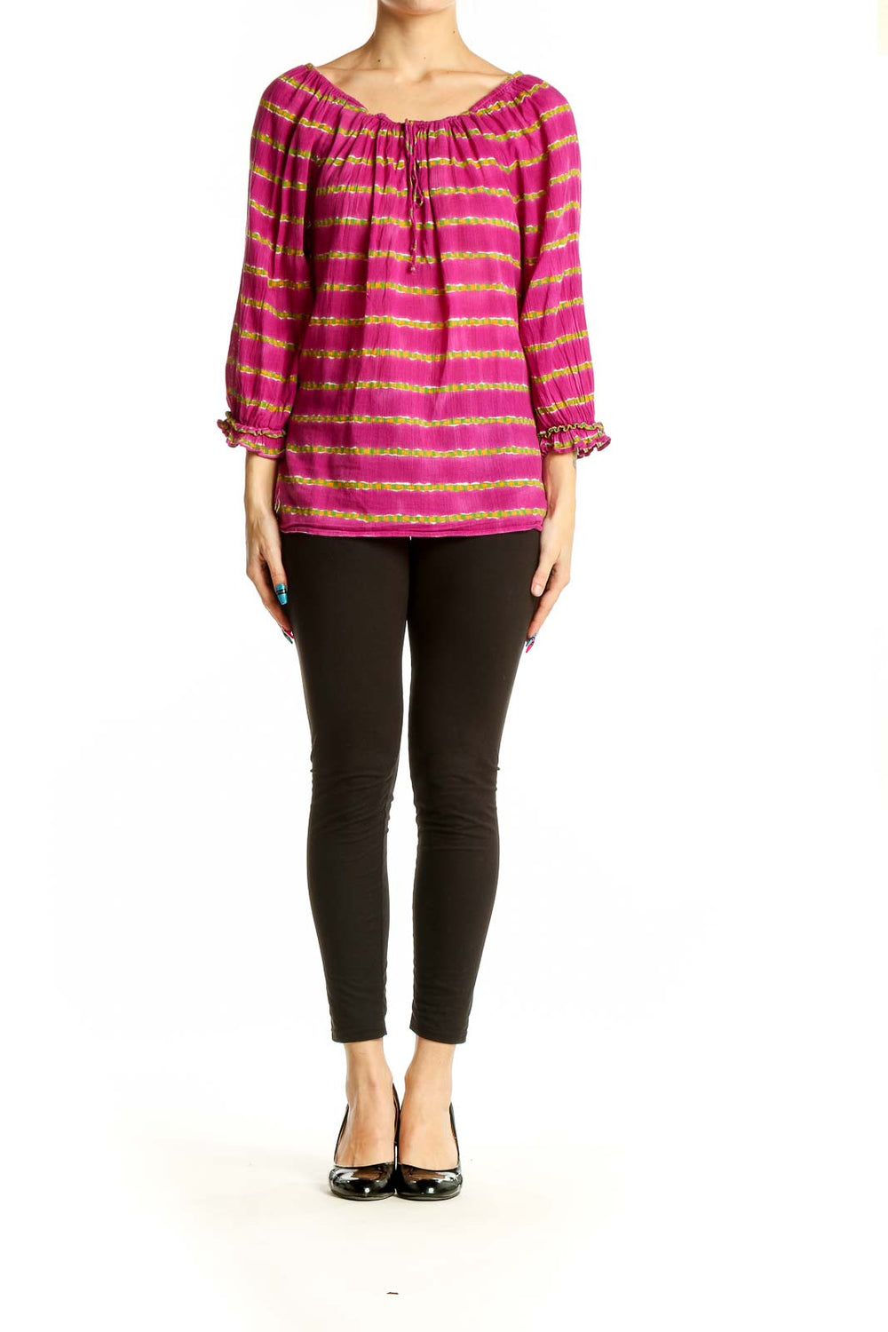 Front view of pink and yellow striped off-shoulder peasant top by Lauren Ralph Lauren