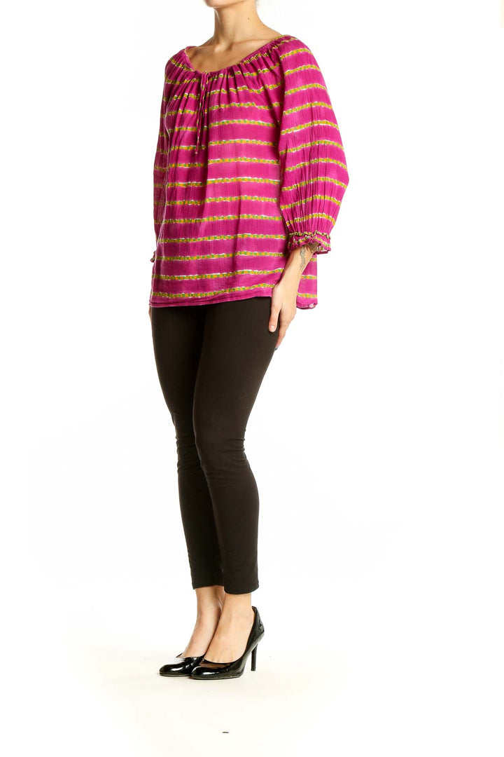 Front view of pink and yellow striped off-shoulder peasant top by Lauren Ralph Lauren