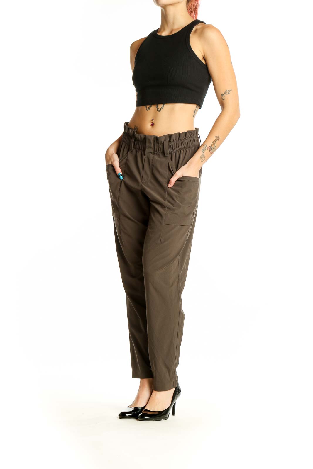 Front view of Athleta olive relaxed fit cargo pants with elastic waistband