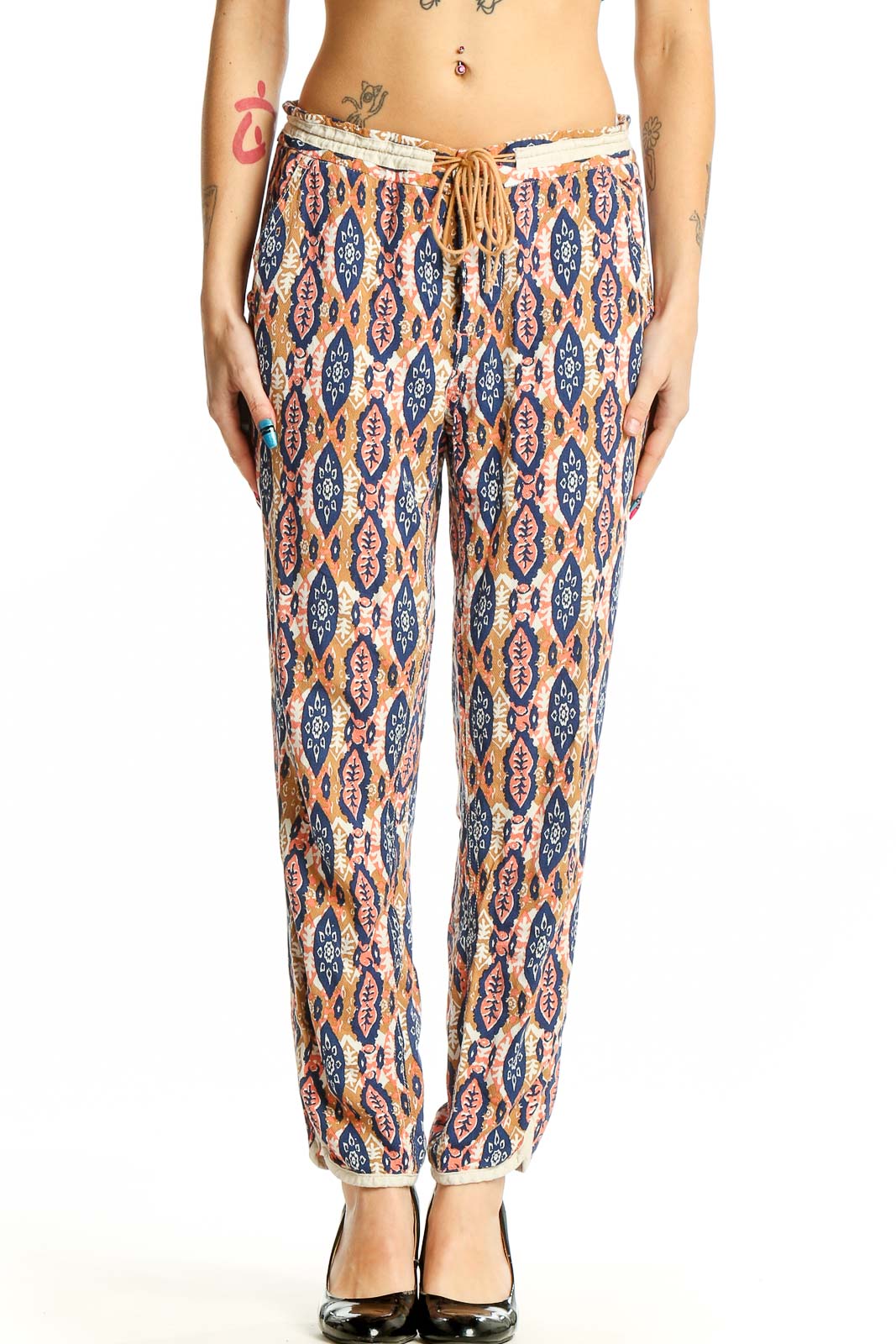 Front view of Pilcro and the Letterpress multicolor ikat print drawstring pants