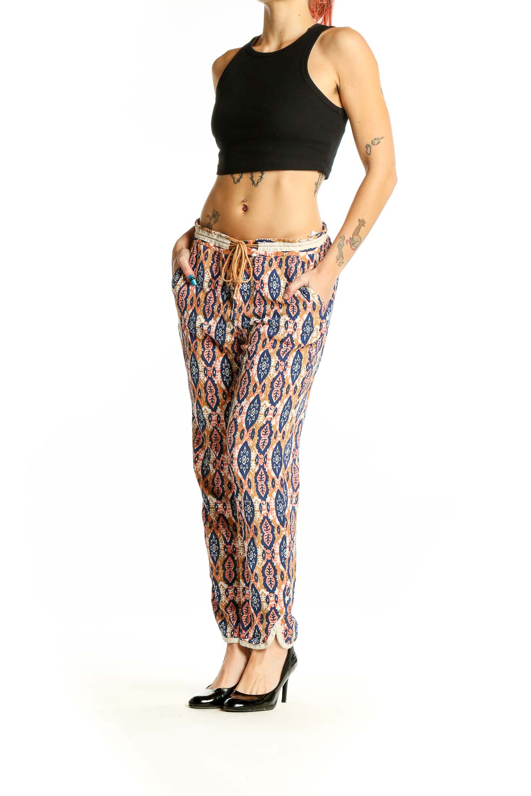 Front view of Pilcro and the Letterpress multicolor ikat print drawstring pants