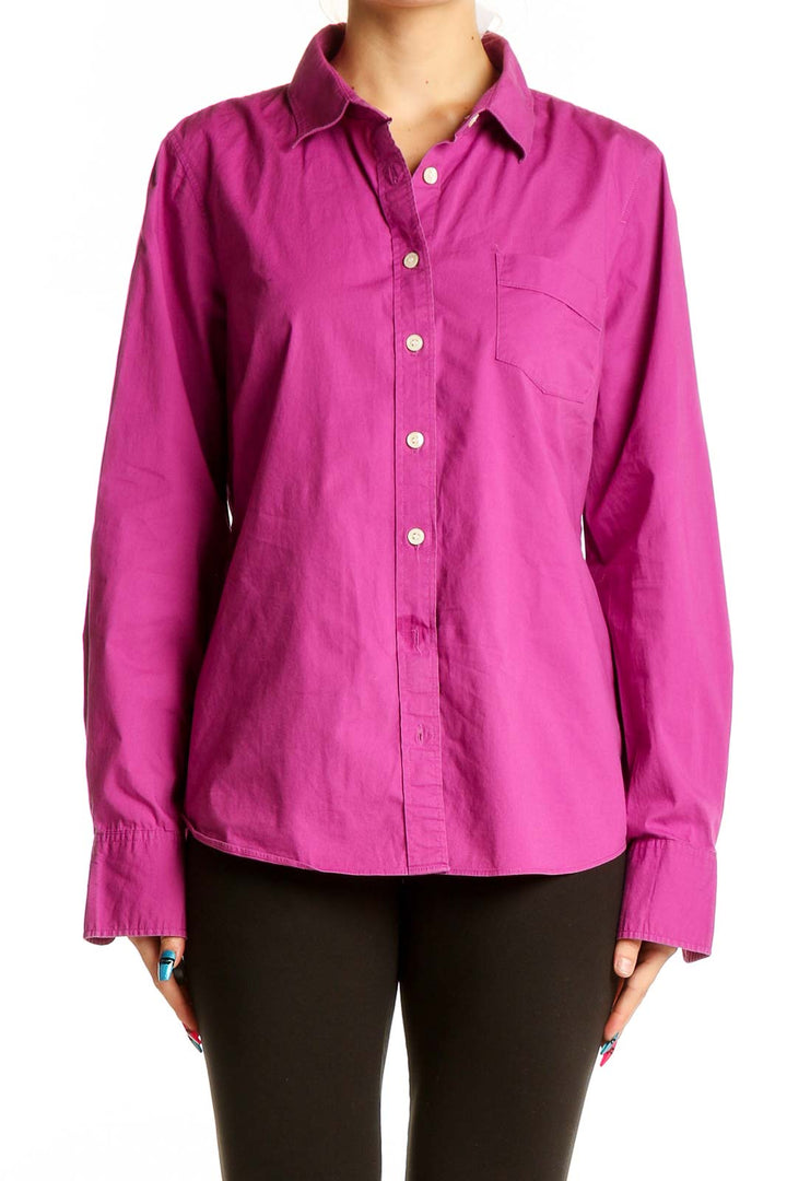 Front view of magenta J.Crew button-down shirt with chest pocket