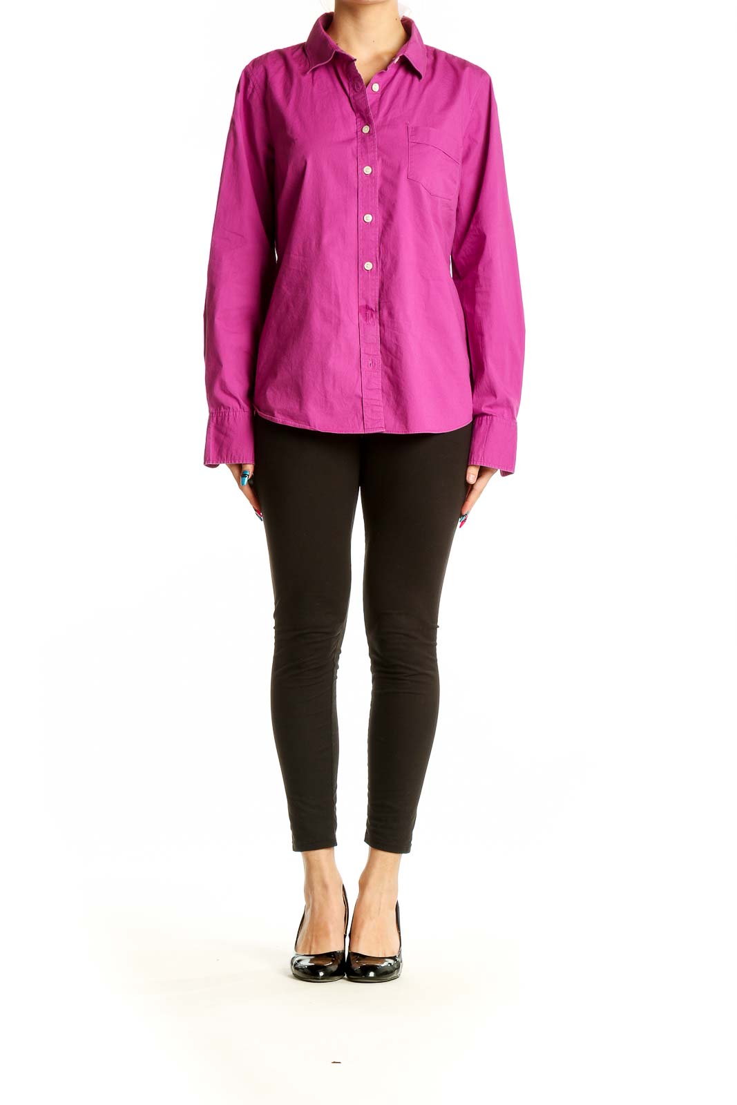 Front view of magenta J.Crew button-down shirt with chest pocket