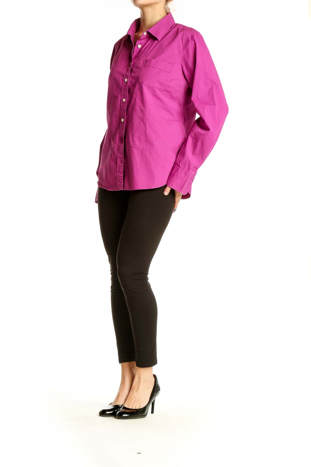 Front view of magenta J.Crew button-down shirt with chest pocket