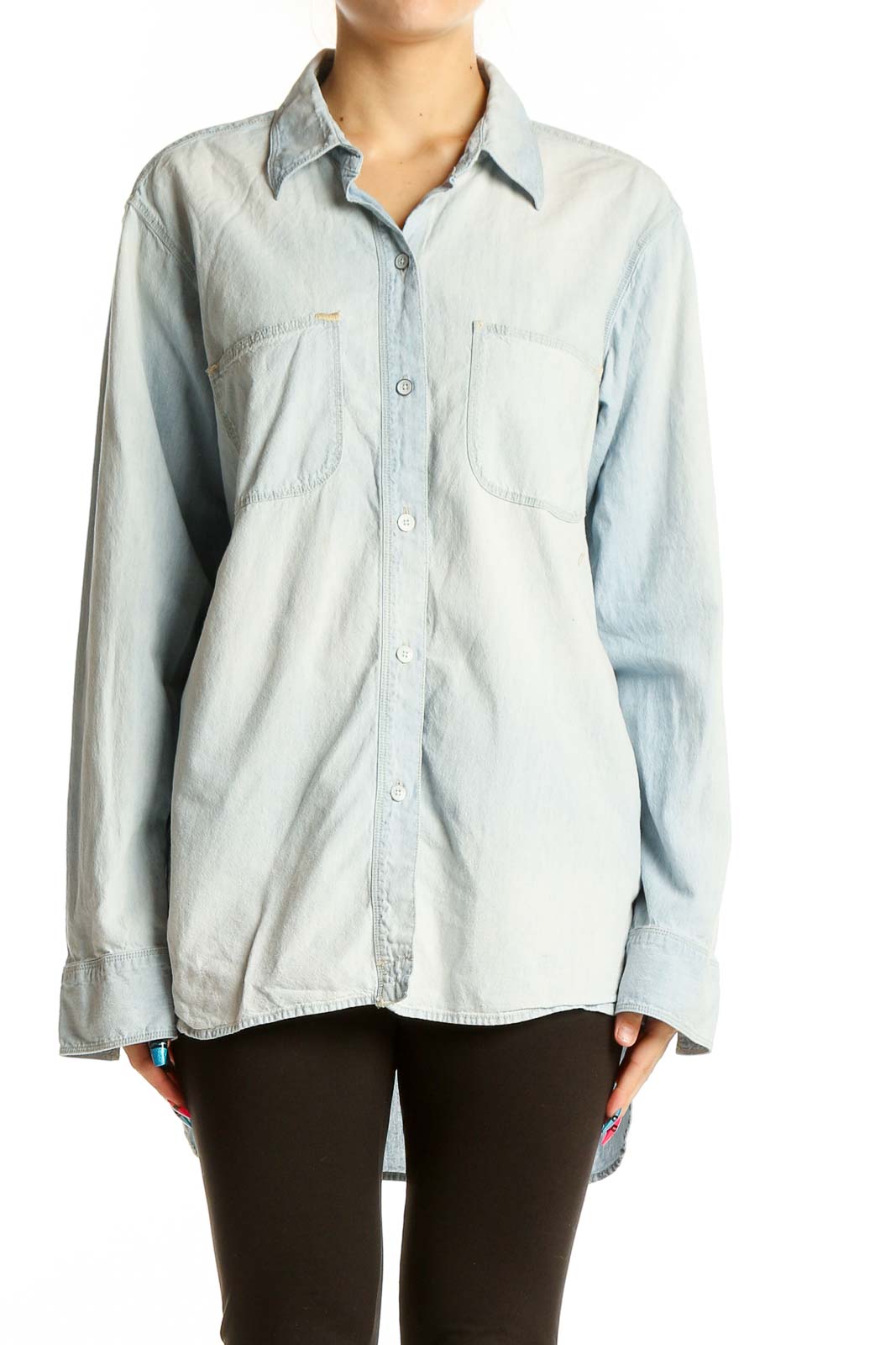 Front view of light blue Madewell cotton button-up shirt