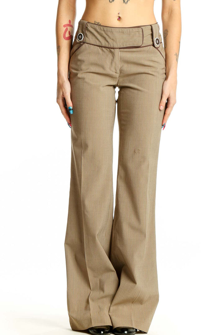 Front view of Alice + Olivia tan pinstriped wide-leg trousers with button detail