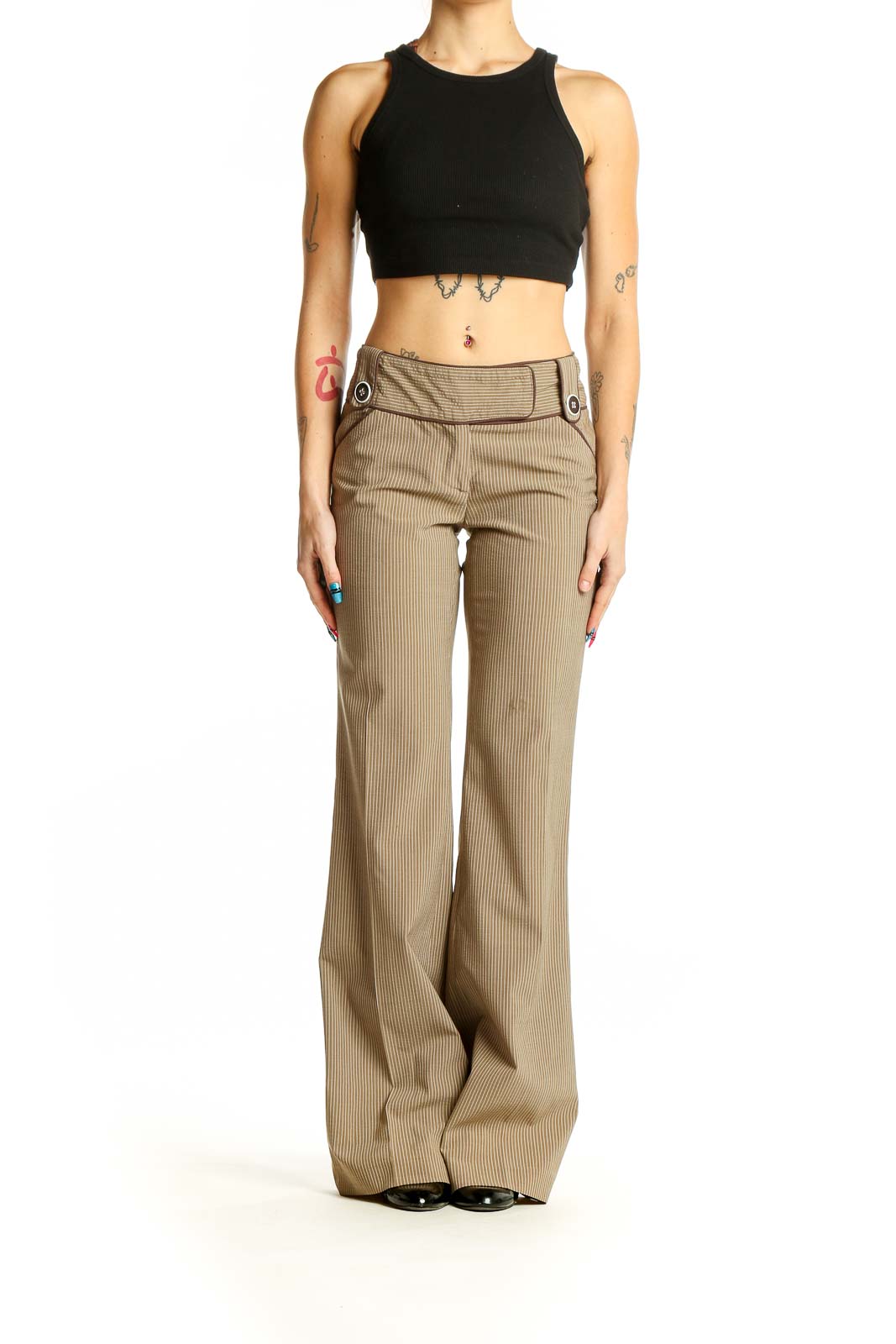 Front view of Alice + Olivia tan pinstriped wide-leg trousers with button detail