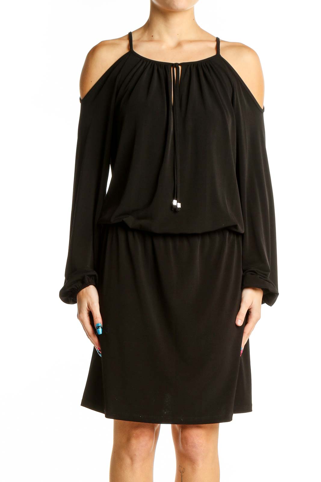 Front view of Michael Kors black cold shoulder blouson dress with keyhole neckline