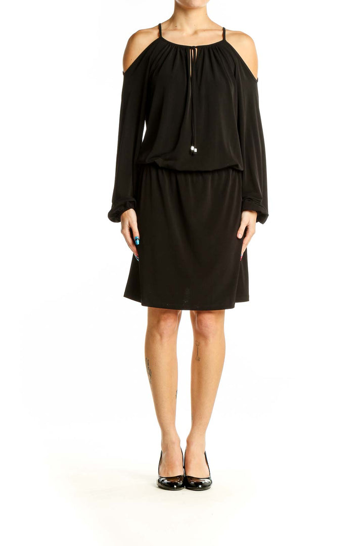 Front view of Michael Kors black cold shoulder blouson dress with keyhole neckline