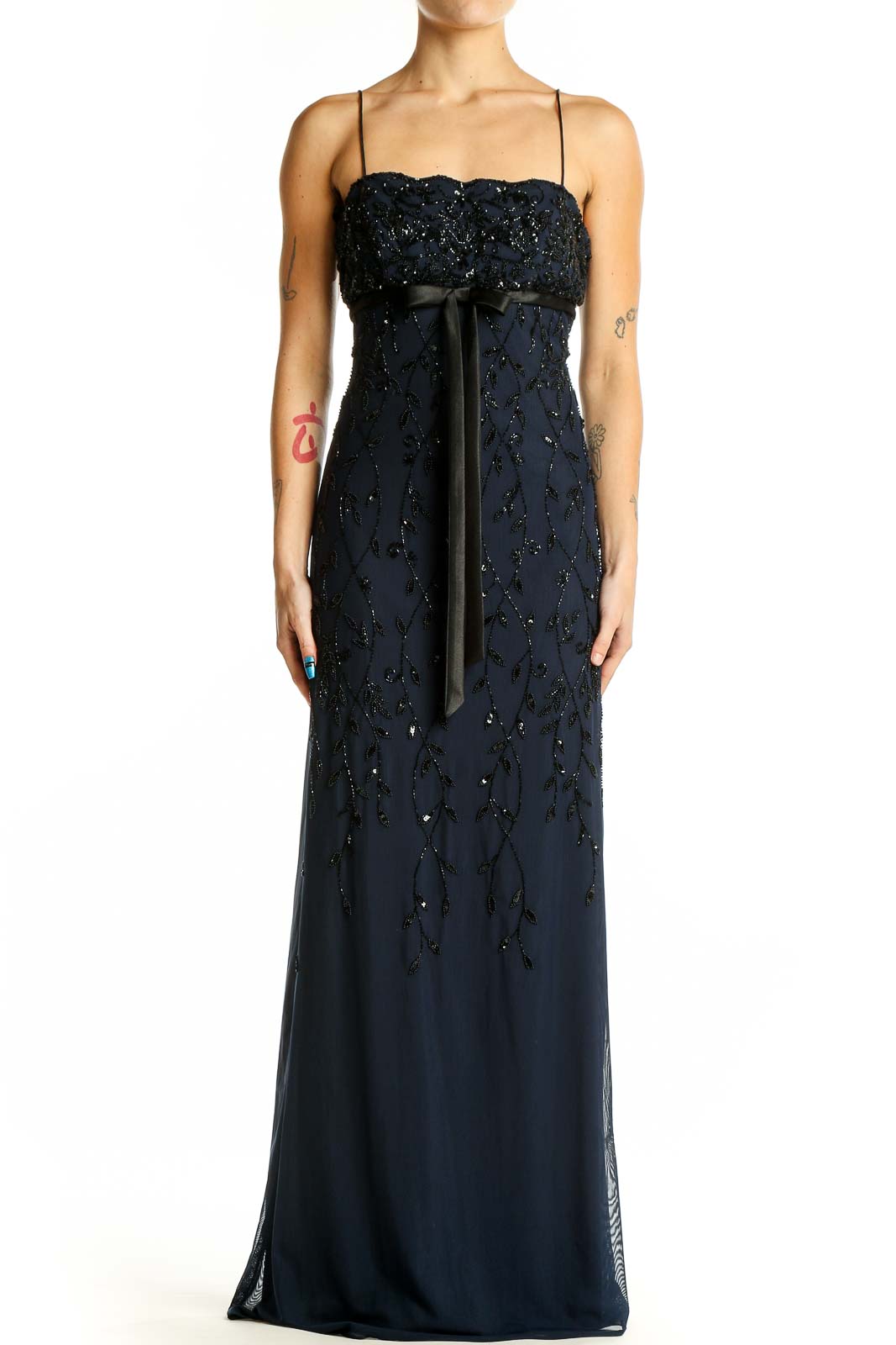 Front view of navy beaded empire waist gown by Dusk by Sheila Yen