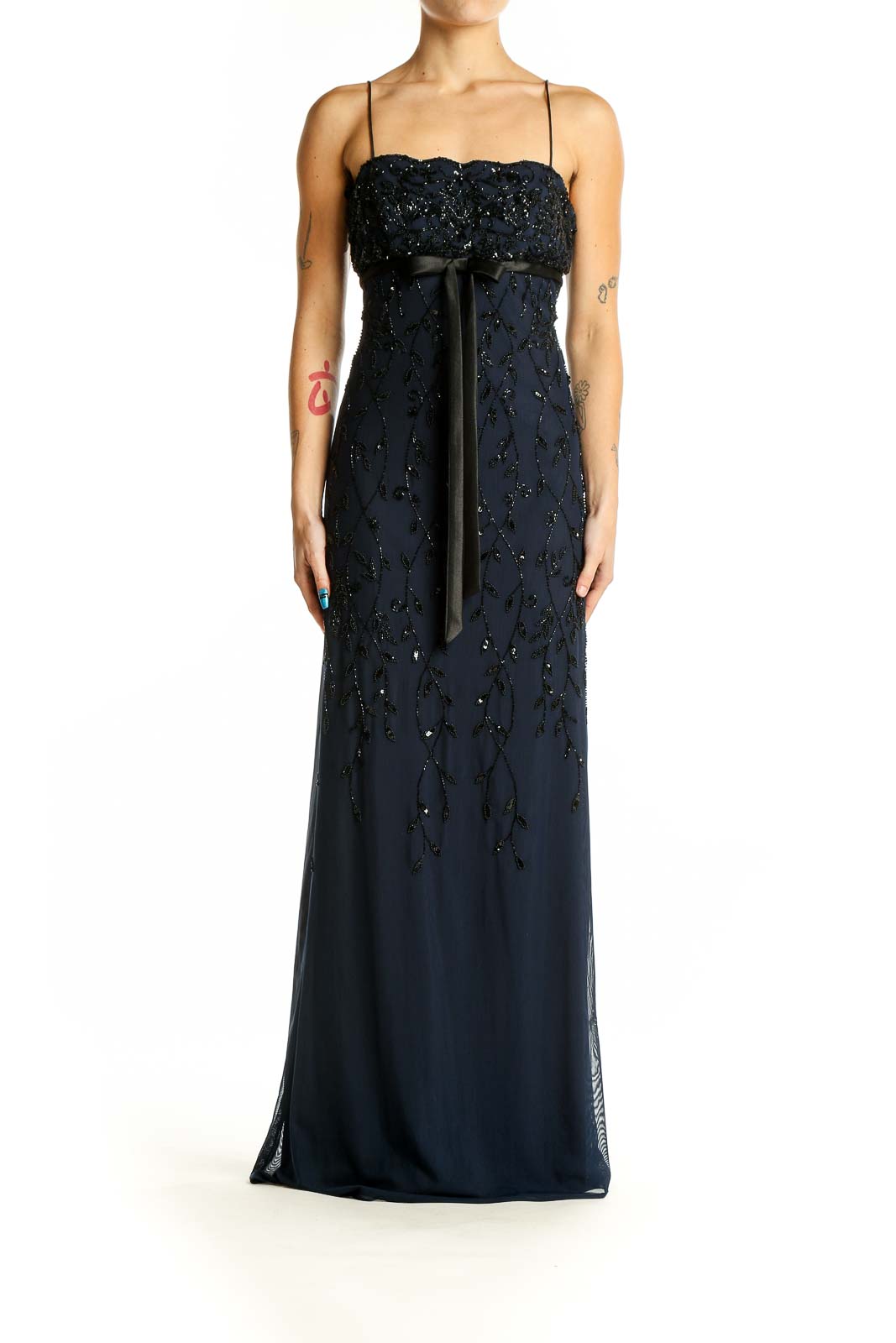 Front view of navy beaded empire waist gown by Dusk by Sheila Yen