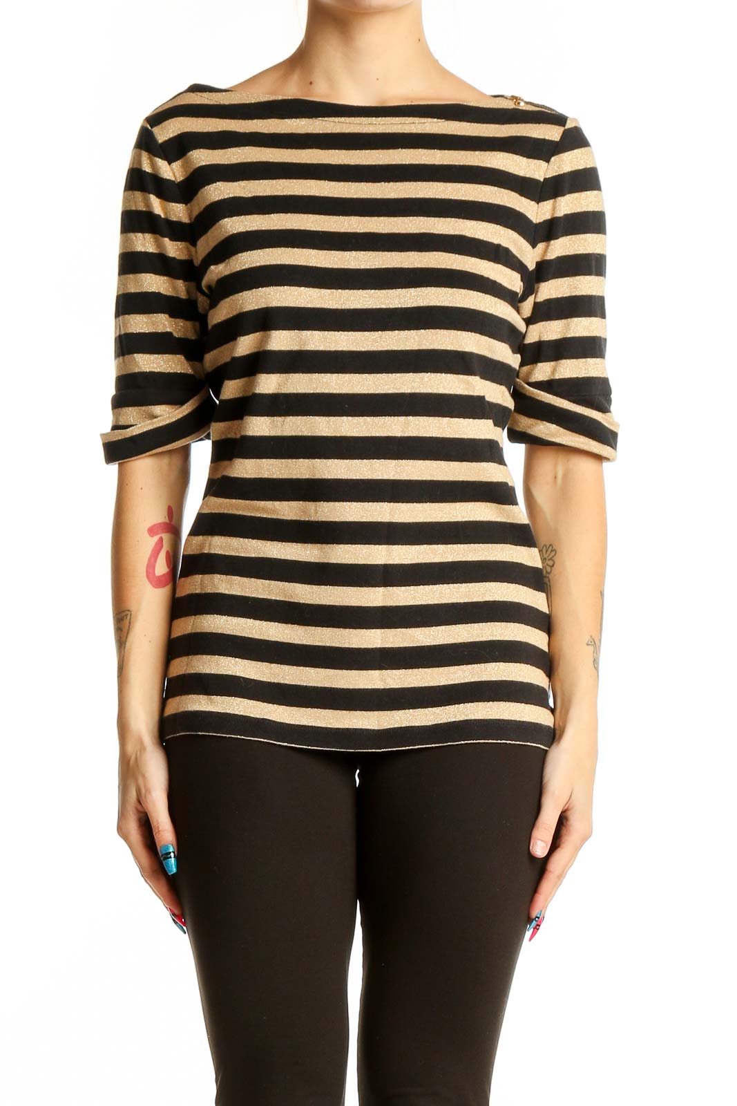 Front view of Lauren Ralph Lauren black and gold striped metallic top with boat neckline