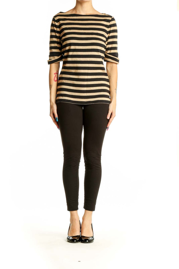 Front view of Lauren Ralph Lauren black and gold striped metallic top with boat neckline