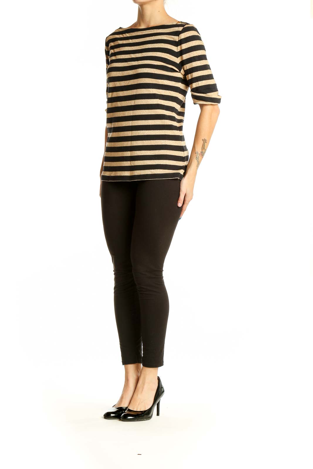 Front view of Lauren Ralph Lauren black and gold striped metallic top with boat neckline