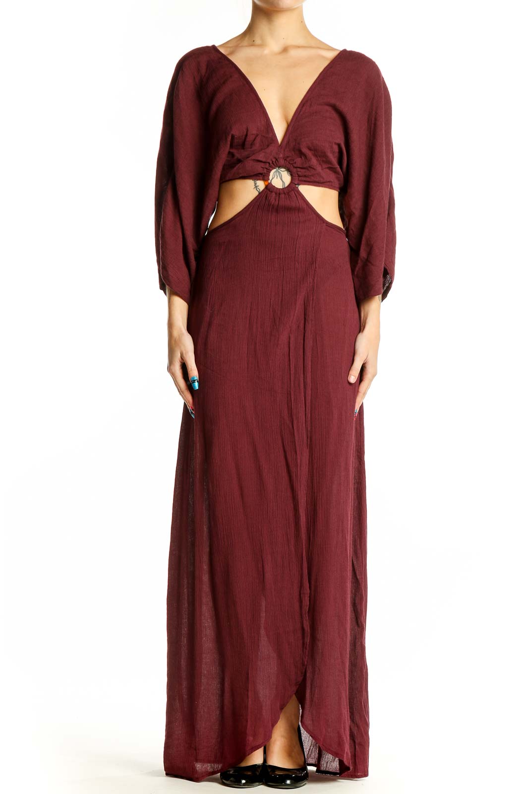 Front view of Sanctuary burgundy maxi dress with cutout waist and plunging neckline