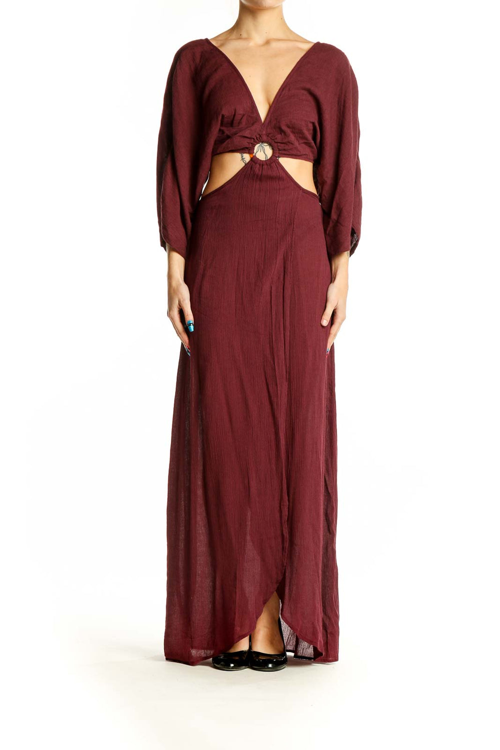 Front view of Sanctuary burgundy maxi dress with cutout waist and plunging neckline