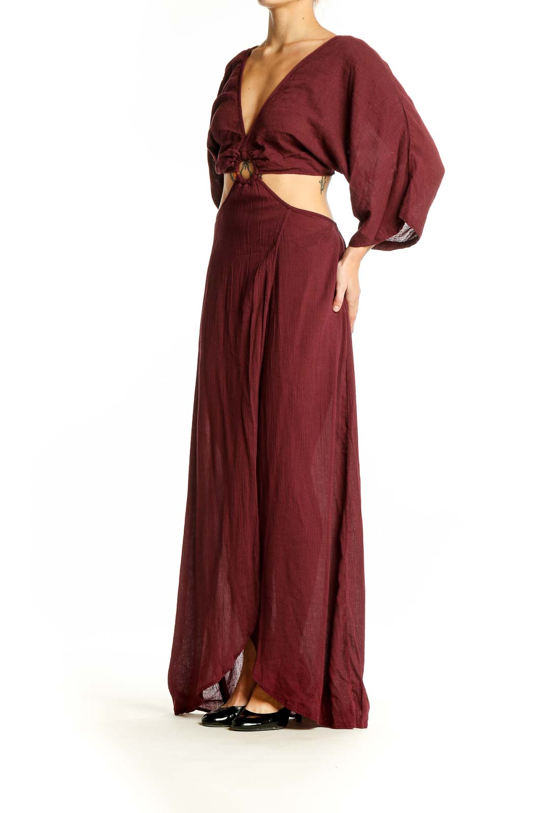 Front view of Sanctuary burgundy maxi dress with cutout waist and plunging neckline