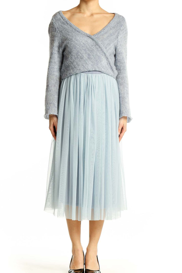 Front view of Maeve gray wrap-style midi dress with light blue tulle skirt