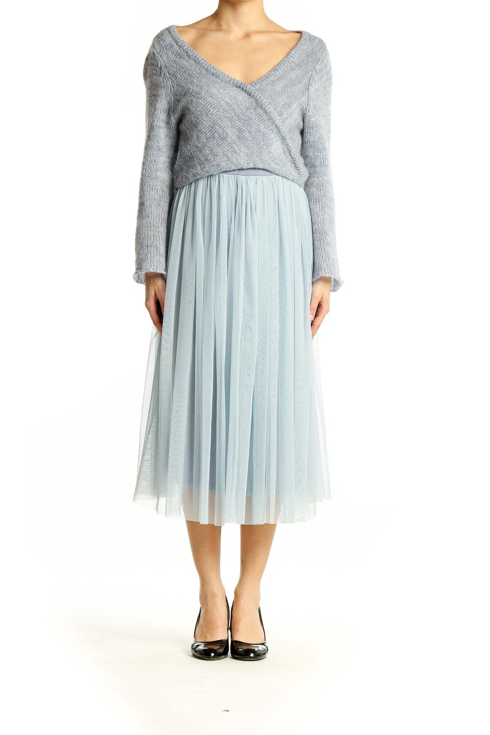 Front view of Maeve gray wrap-style midi dress with light blue tulle skirt