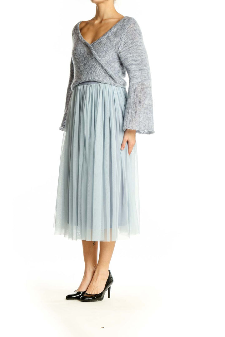 Front view of Maeve gray wrap-style midi dress with light blue tulle skirt