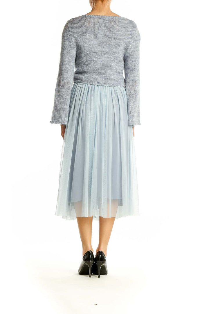 Side view of Maeve gray wrap-style midi dress showing tulle skirt detail