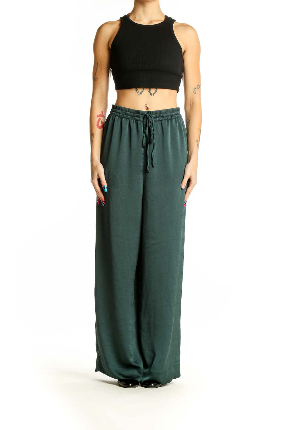 Front view of Madewell forest green wide-leg pants with drawstring waist