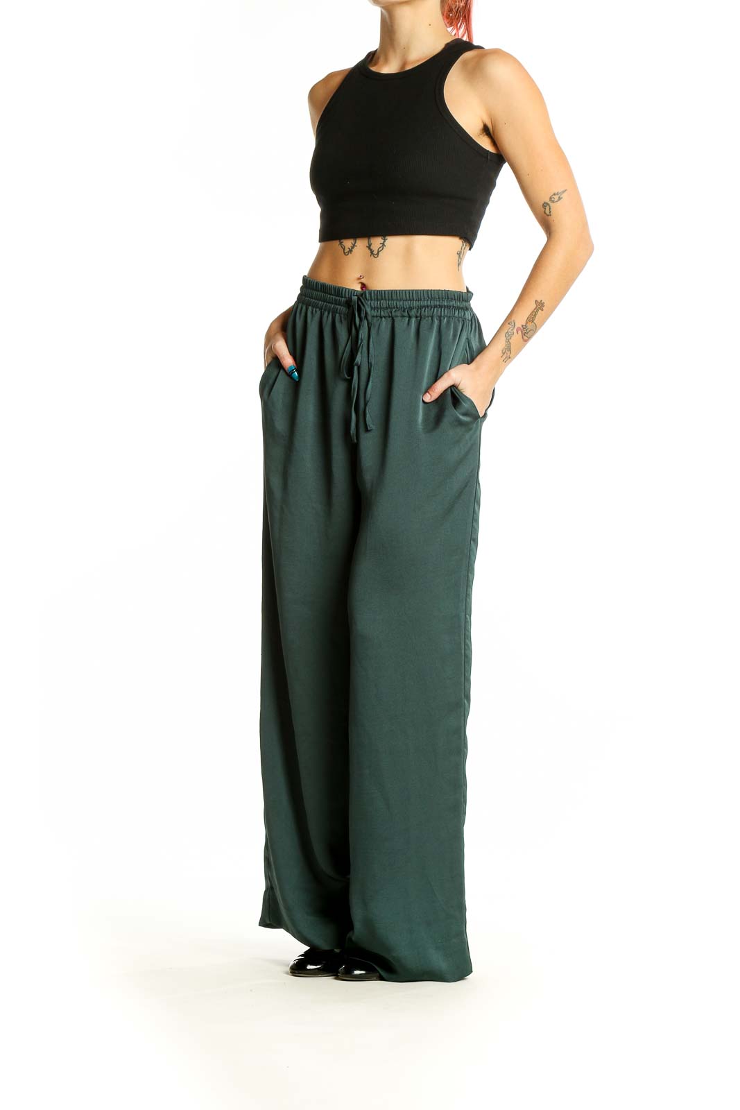 Front view of Madewell forest green wide-leg pants with drawstring waist