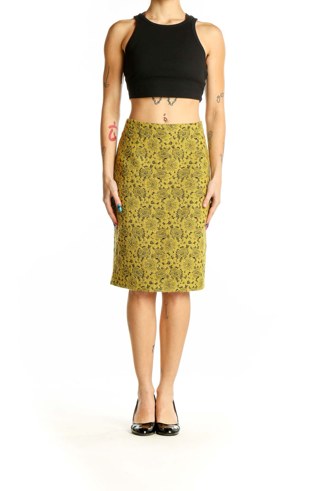 Front view of Boden yellow floral textured pencil skirt