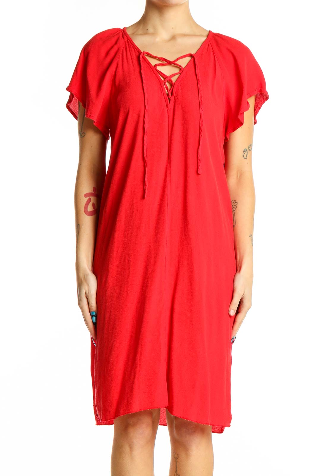 Front view of red Madewell dress with lace-up neckline and flowy silhouette