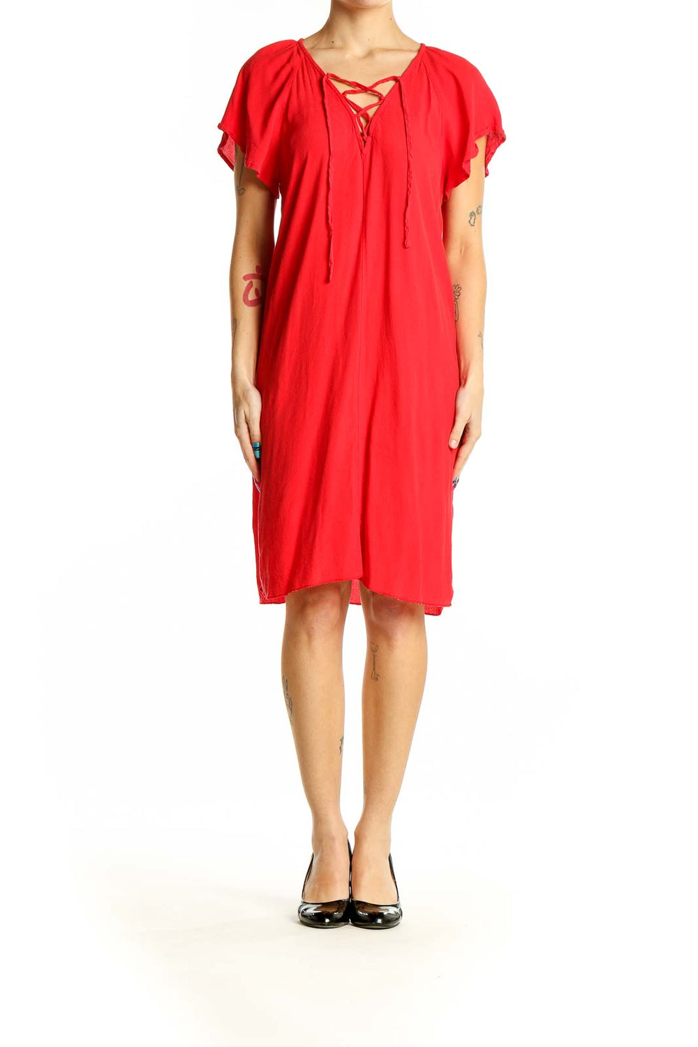 Front view of red Madewell dress with lace-up neckline and flowy silhouette