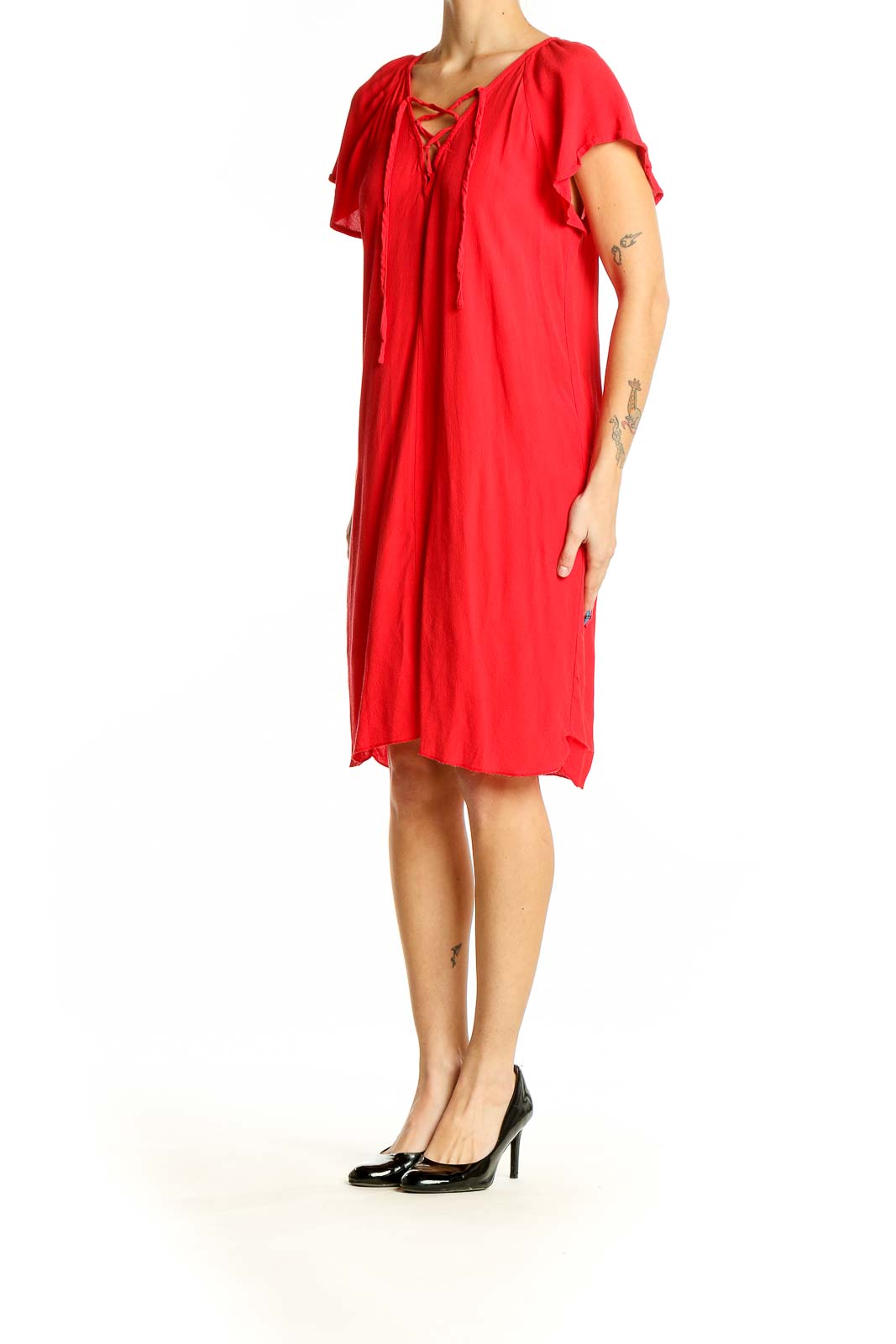 Front view of red Madewell dress with lace-up neckline and flowy silhouette